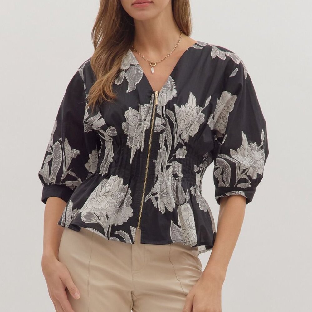 ENTRO BLACK & WHITE FLORAL TOP WITH GOLD ZIPPER